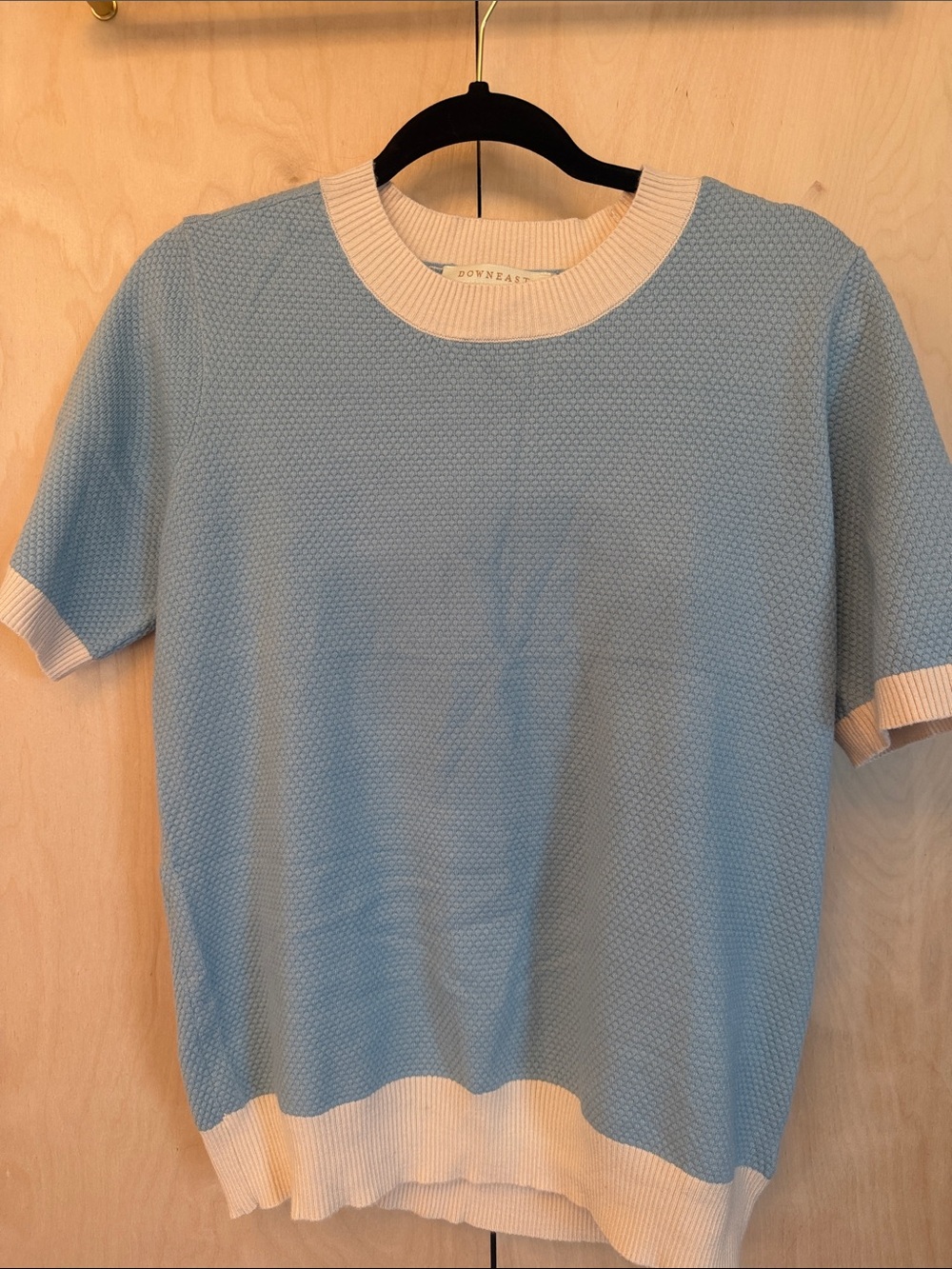 DownEast Light Blue and Cream Short-Sleeve Knit Top